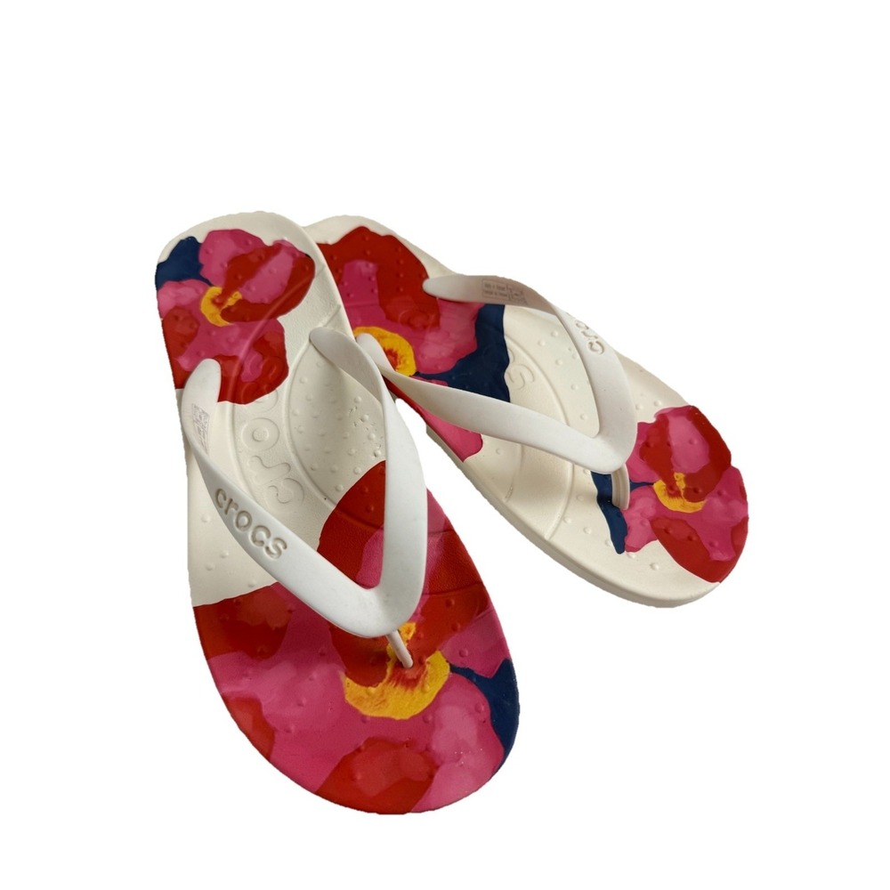 Crocs White Floral Lightweight Rubber Flip Flops Thongs Womens Sandals Size 6 - Picture 7 of 8